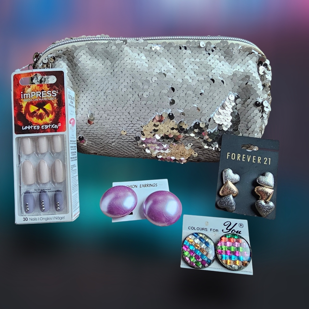 Sequin Cosmetic Bag, Earrings, And Nails Bundle